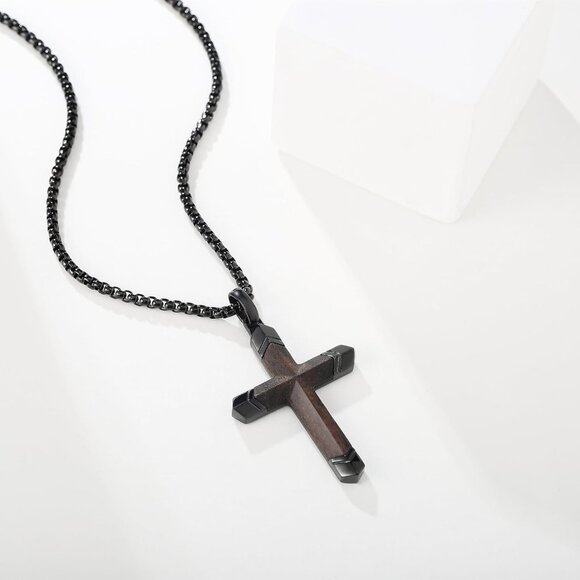 Men's 24" Black Christian Wooden Cross Stainless Steel Box Chain Pendant - Picture 7 of 8